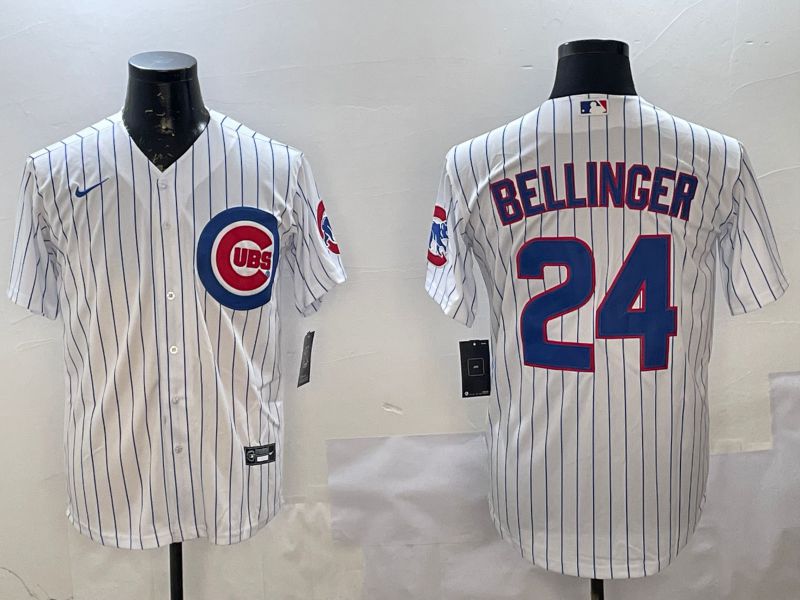 Men Chicago Cubs 24 Bellinger White Stripe Game 2025 Nike MLB Jersey style 1